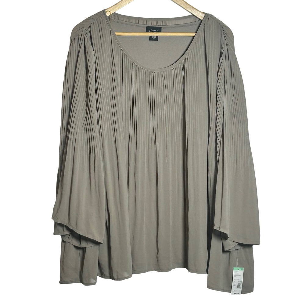 SIMPLY Emma Women's Taupe Pleated Chiffon Blouse Plus Size 1X‎ Bell Sleeve